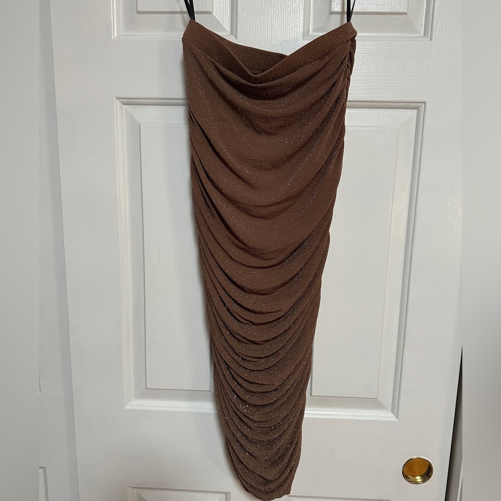JLUXLABEL Brown Shimmer Ruched Midi Skirt